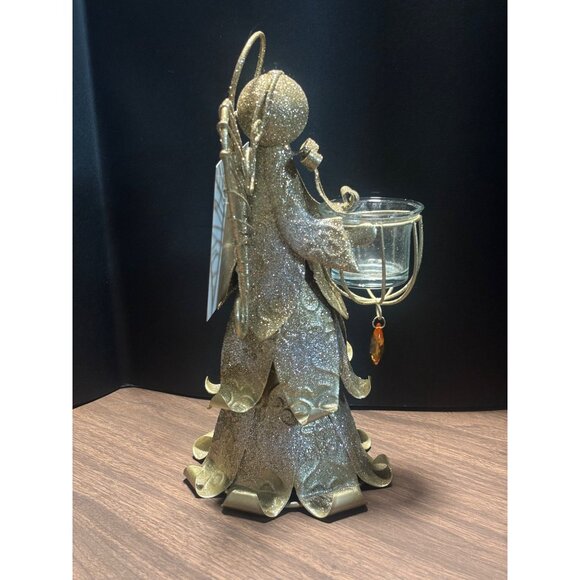 Cracker Barrel Gold Glitter Angel Tealight Candle Holder With Glass Cup - Picture 5 of 11